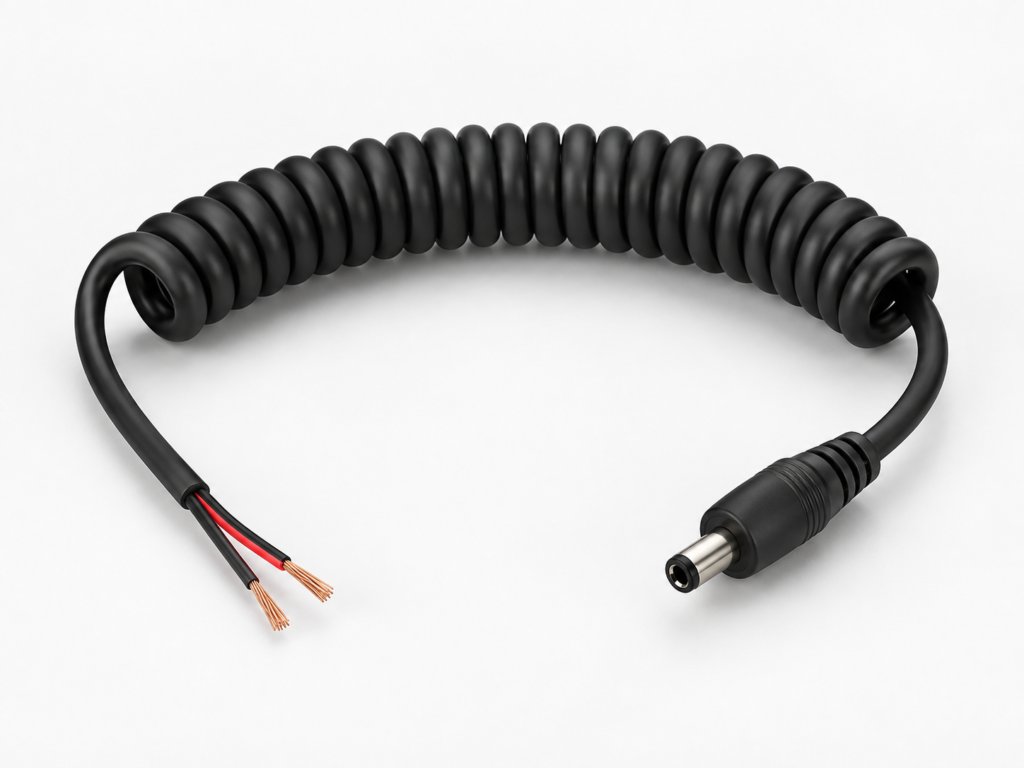 Custom 2-core TPU coiled power cable with DC connector and open wire ends