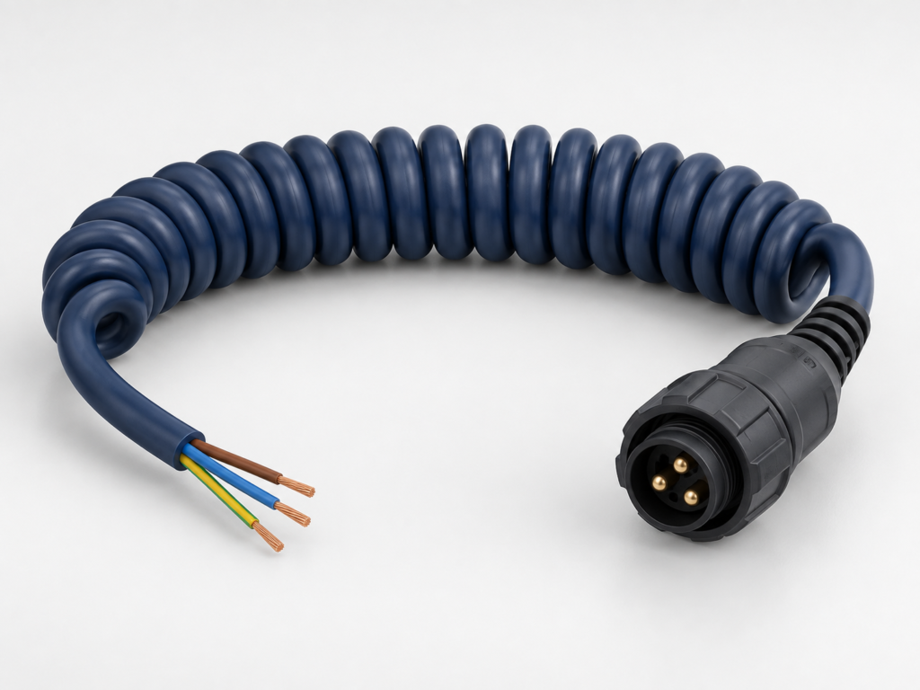 Custom 3-core TPU coiled power cable with molded industrial connector