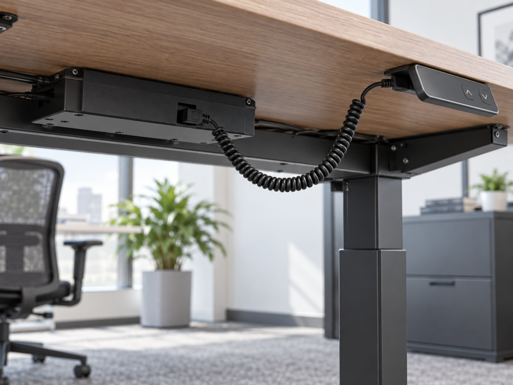 Adjustable desk control TPU coiled cable under a sit stand desk