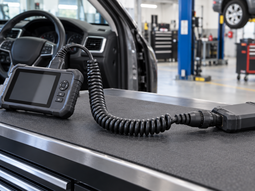 Automotive TPU coiled cable assembly for vehicle diagnostic equipment