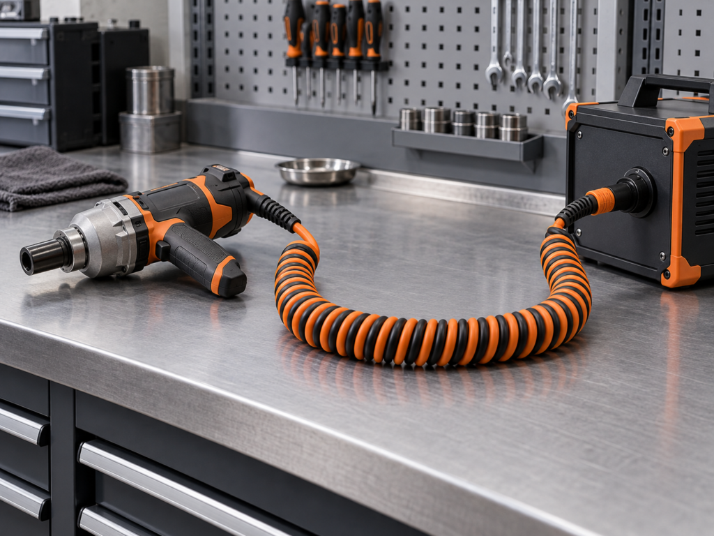 TPU coiled cable for power tools on an industrial workbench