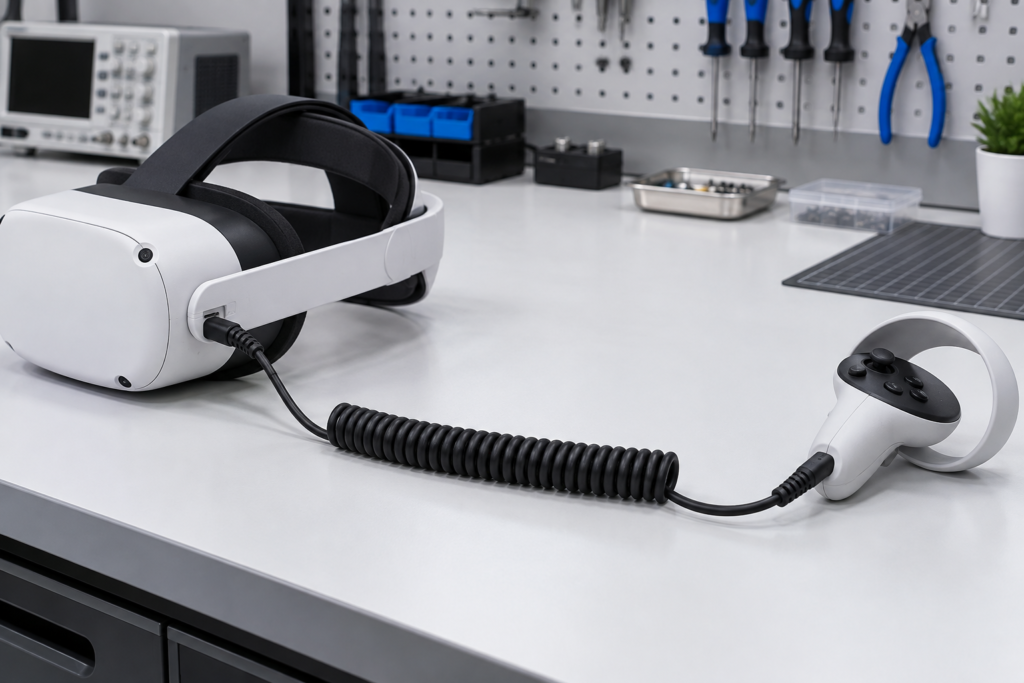 Custom TPU coiled cable connecting a VR headset and handheld controller