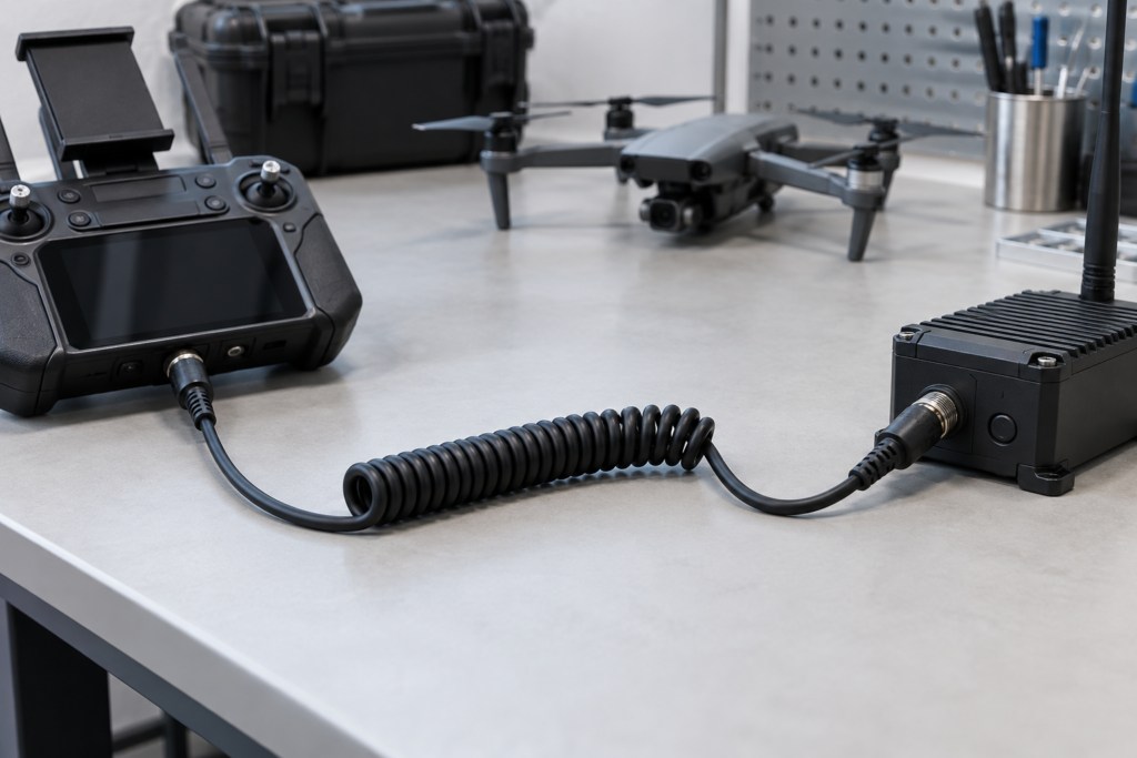 TPU coiled cable connecting a drone ground controller and telemetry module