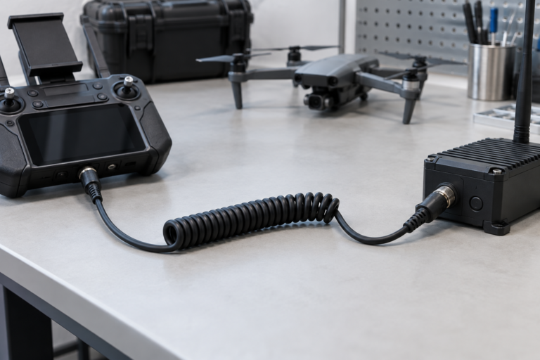 TPU coiled cable connecting a drone ground controller and telemetry module
