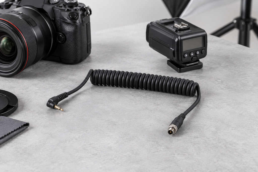 TPU coiled shutter and flash sync cable beside camera equipment
