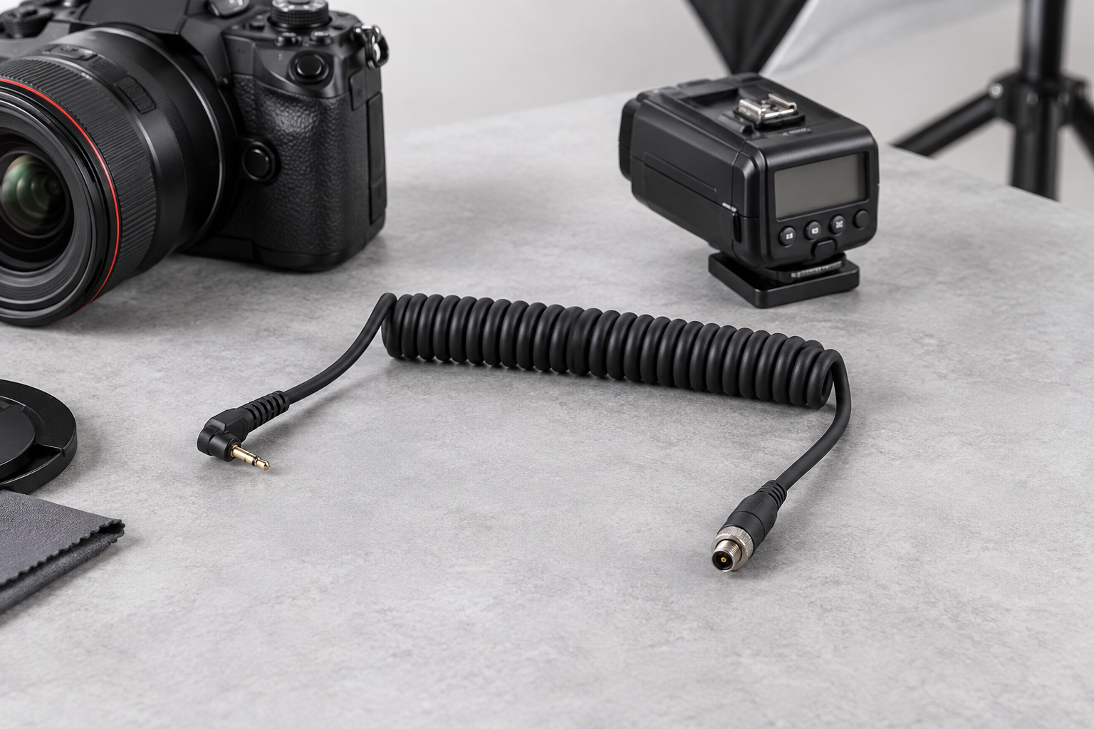 TPU coiled shutter and flash sync cable beside camera equipment
