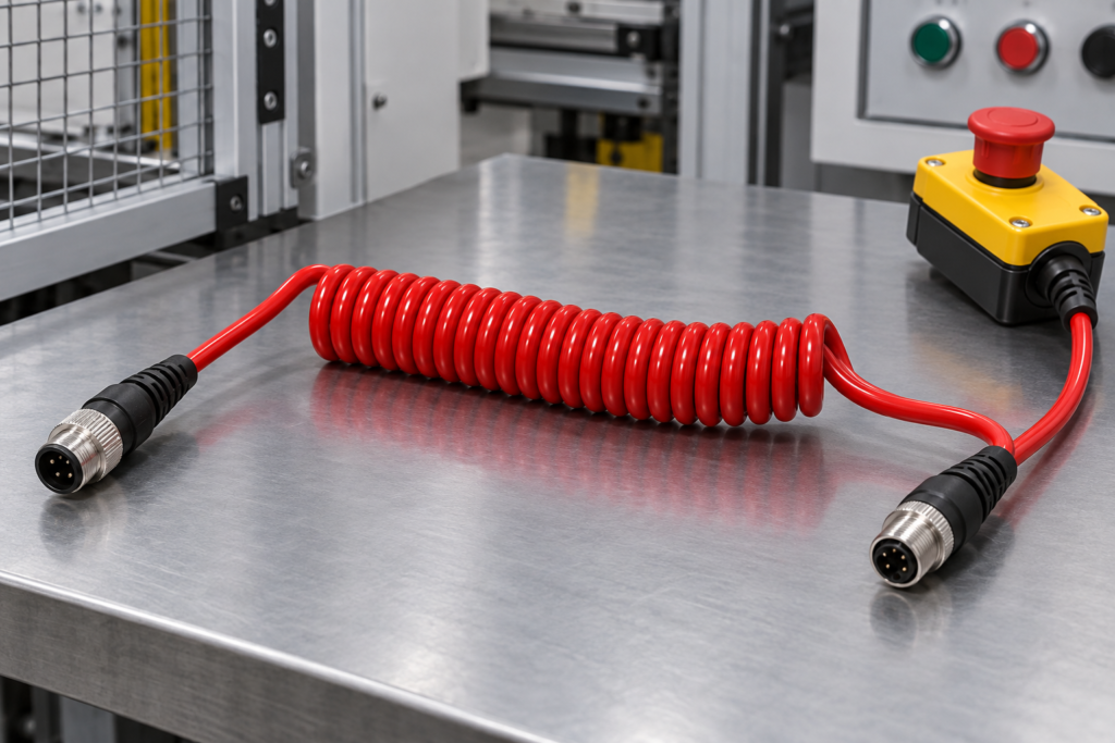 Red TPU coiled cable for emergency stop pendant and safety tether