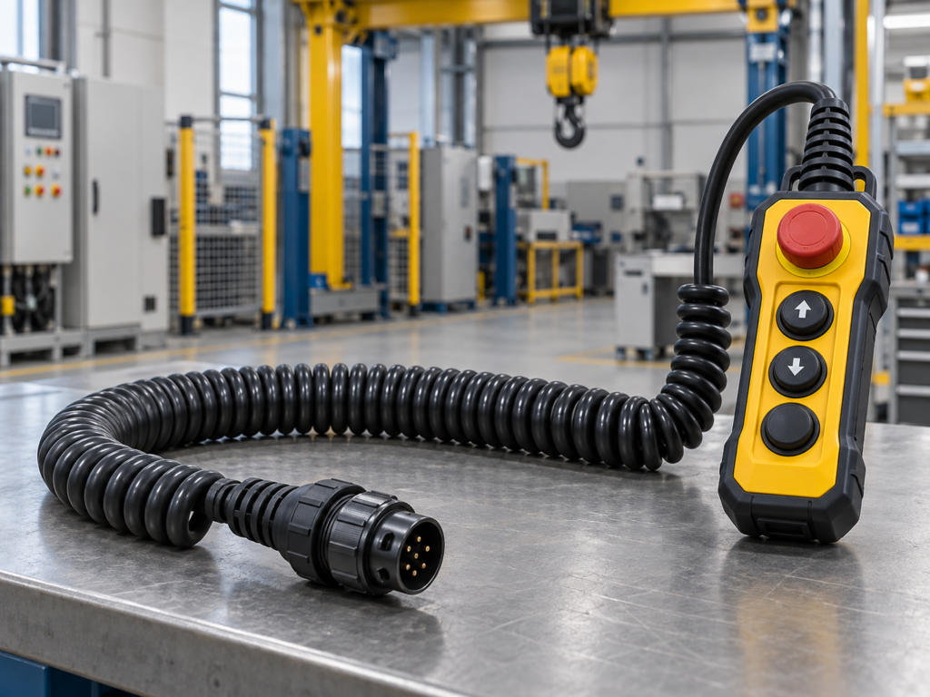 Industrial control pendant TPU coiled cable with reinforced connector