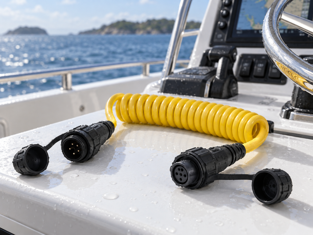 Marine waterproof TPU coiled cable with sealed circular connectors