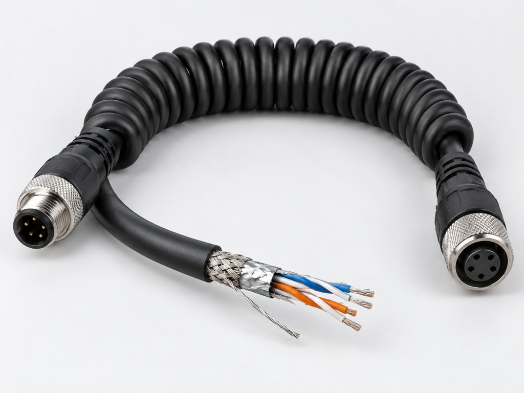 Shielded TPU coiled cable with braided shield foil and industrial connectors