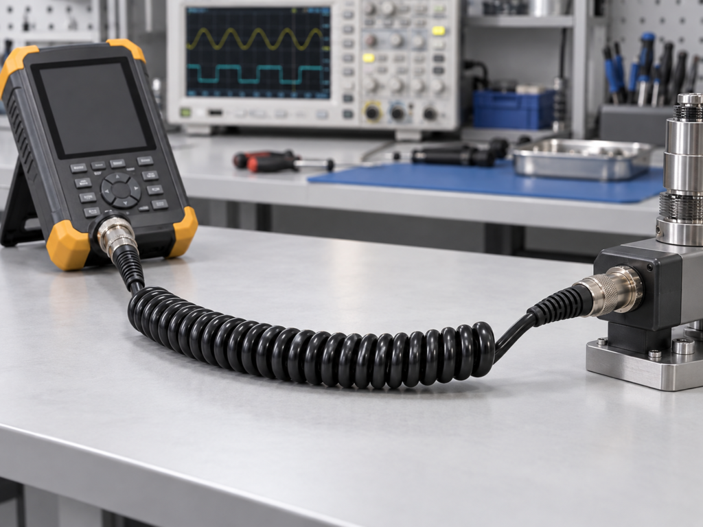 TPU coiled cable connecting a handheld industrial test instrument