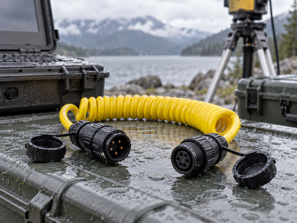 Waterproof TPU coiled cable with sealed circular connectors